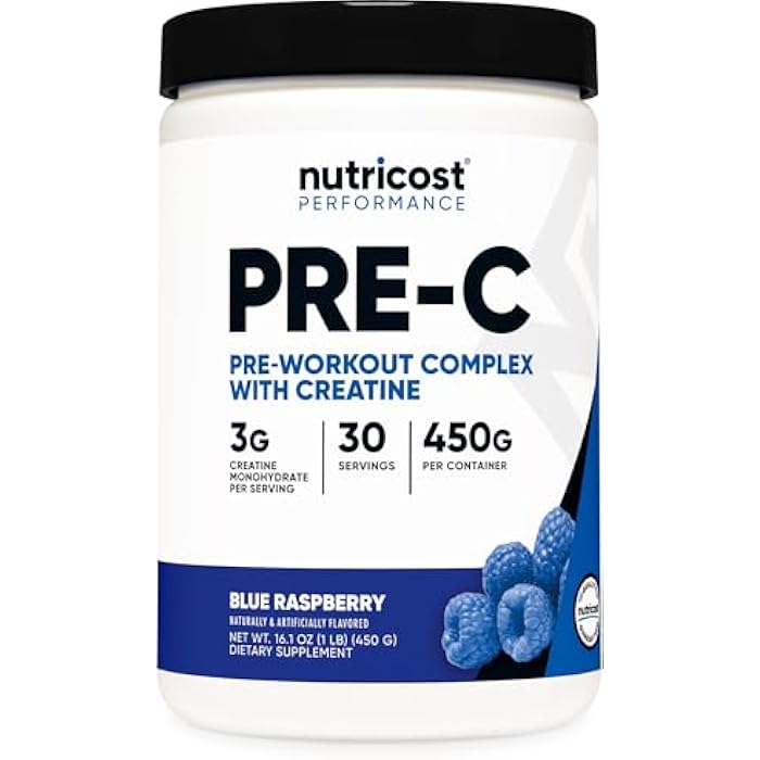 Nutricost Pre-C Pre-Workout Complex with Creatine (Blue Rasberry | 30 Servings) Powder - Boost Fintess Routines, 450g - Image 1