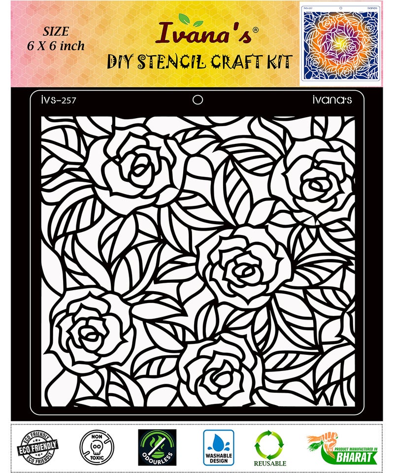 IVANA'S Rose Flower Reusable Stencil for Art & Craft, DIY Decorative Stencil for Painting on Canvas, Fabric, Cloth, Paper, Glass, Furniture and Wall, Size - 6 x 6 inch, Pack of 1, IVS-257, Off White - Image 1