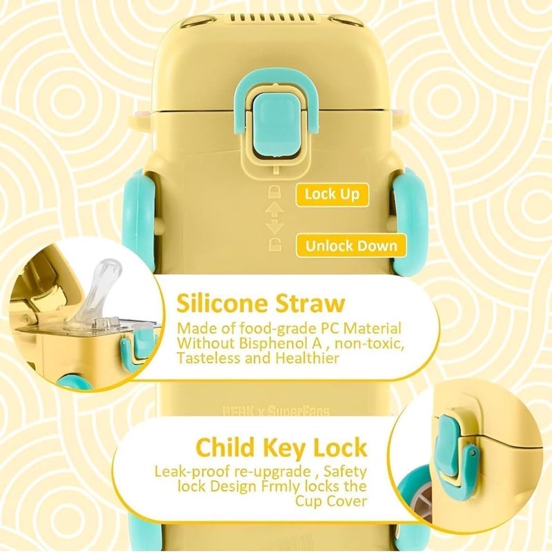 TORT Acrylonitrile Butadiene Styrene Bus Water Bottle for Kids With Strap, Sipper & Straw | Leakproof, BPA Free, 500 Ml | Cute Bus Shaped Bottle With Lock (YELLOW) - Image 2