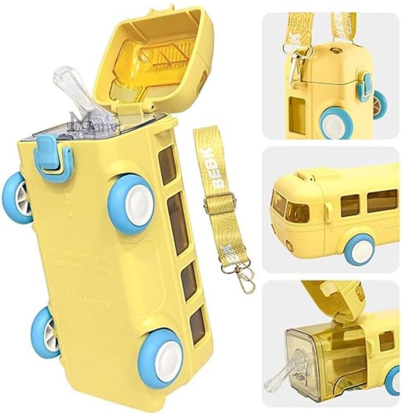 TORT Acrylonitrile Butadiene Styrene Bus Water Bottle for Kids With Strap, Sipper & Straw | Leakproof, BPA Free, 500 Ml | Cute Bus Shaped Bottle With Lock (YELLOW) - Image 3