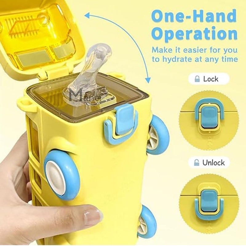 TORT Acrylonitrile Butadiene Styrene Bus Water Bottle for Kids With Strap, Sipper & Straw | Leakproof, BPA Free, 500 Ml | Cute Bus Shaped Bottle With Lock (YELLOW) - Image 4