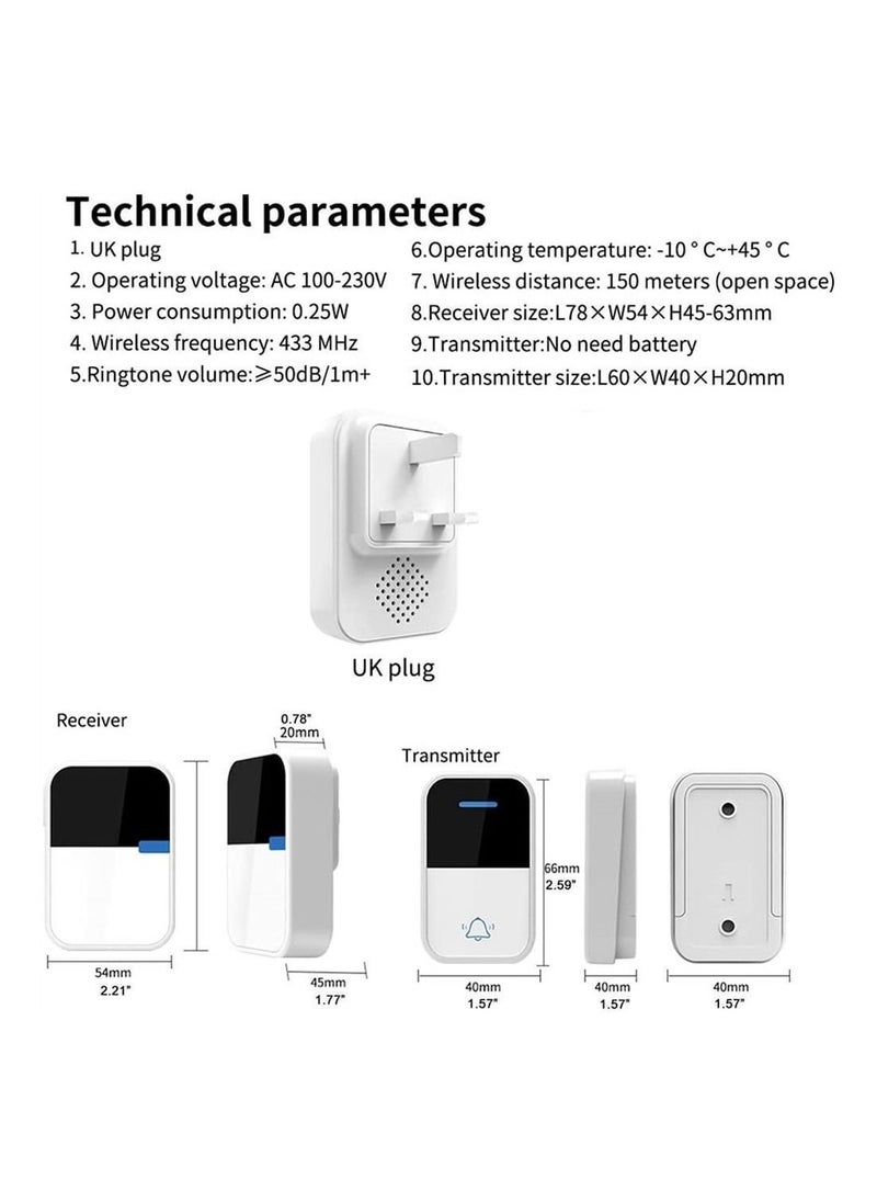 Y&D Self Powered Wireless Doorbell, No Battery Required Door Chime Kit with Weatherproof Transmitter and Receiver 500 fts Control Range 3 Volume 38 Melodies (1 Push Botton + 2 Chimes)  - Image 2