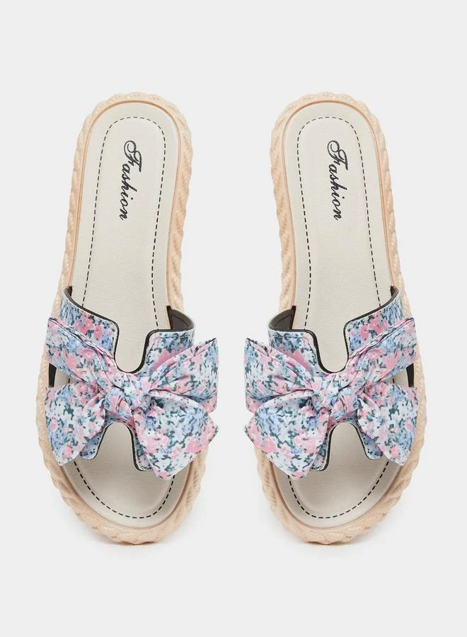 Take Two Take Two Floral Print Bow Detail Flat Sandals
