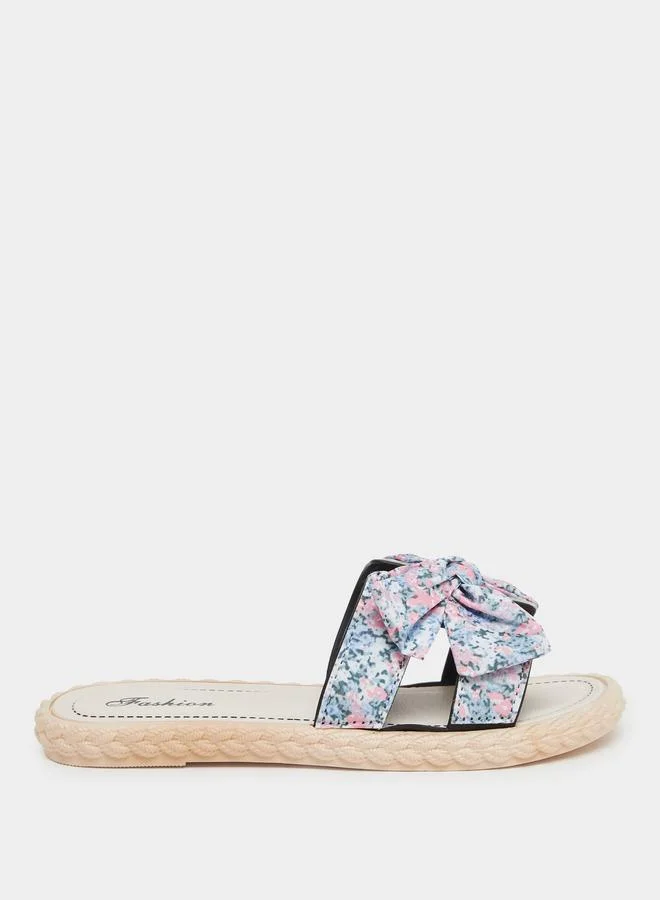 Take Two Take Two Floral Print Bow Detail Flat Sandals