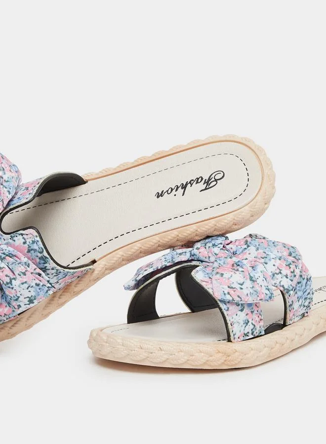 Take Two Take Two Floral Print Bow Detail Flat Sandals