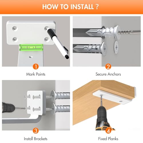HIRVALL ® 12 Inch Shelf L Shape Pack of 4 White 160 lbs Load Capacity, Metal Brackets for Floating & Wooden Shelves - Novel Shape, 1/5 Inch Thick, Rust-Proof Wall Mount Bracket - Image 3