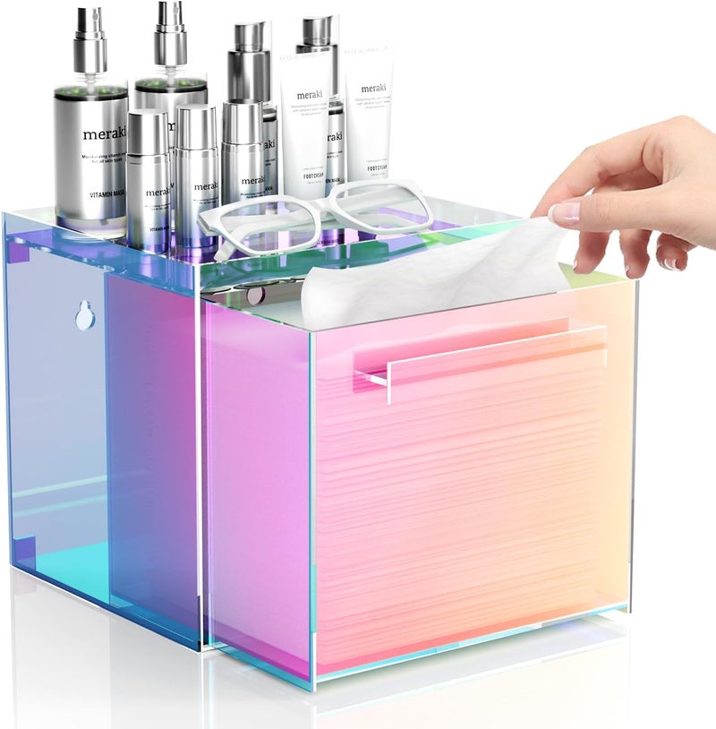 TAINESS Rainbow Disposable Facial Towels Storage Box Acrylic Container Compatible with Clean Skin Club Clean Towel XL Wall-Mounted Face Towel Organizer with Drawer(Excluding Facial Towels) - Image 1