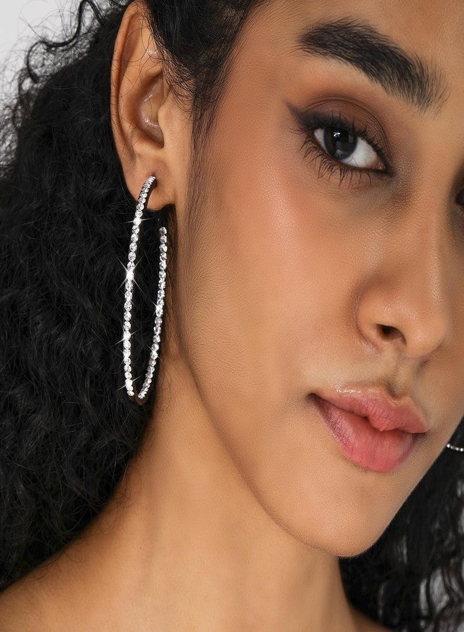 KesaPlan Large Hoop Earrings for Women Black Earrings Silver Crystal Hoop Earring 14K Gold Plated Rhinestone Earrings Big Cubic Zirconia Hoop Earrings Party Dance Fashion Hypoallergenic Jewelry Gift for Her 40/50/60 mm Sparkly Hoops With Crystals for Womens - Image 2