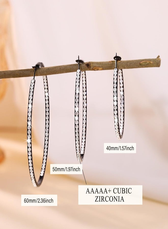 KesaPlan Large Hoop Earrings for Women Black Earrings Silver Crystal Hoop Earring 14K Gold Plated Rhinestone Earrings Big Cubic Zirconia Hoop Earrings Party Dance Fashion Hypoallergenic Jewelry Gift for Her 40/50/60 mm Sparkly Hoops With Crystals for Womens - Image 4