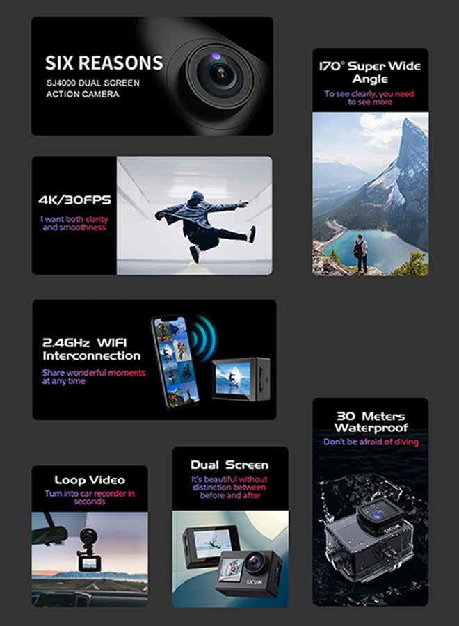 أس جي كام كاميرا أكشن SJ4000 مُحسّنة بشاشة مزدوجة 4K30FPS فائقة الدقة تحت الماء، كاميرا مقاومة للماء بزاوية واسعة 170 درجة، كاميرا خوذة دراجة نارية مع تثبيت، بطاريتان وملحقات، بطاقة 128 جيجابايت - Image 2