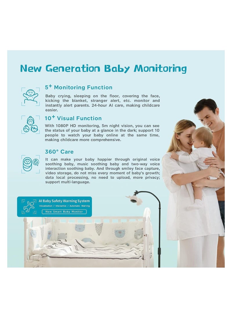 Advanced Smart Baby Monitor Cry Face Cover up, Danger Zone Detection with App to Phone Wall Mount Camera Call HD Night Remote Video
