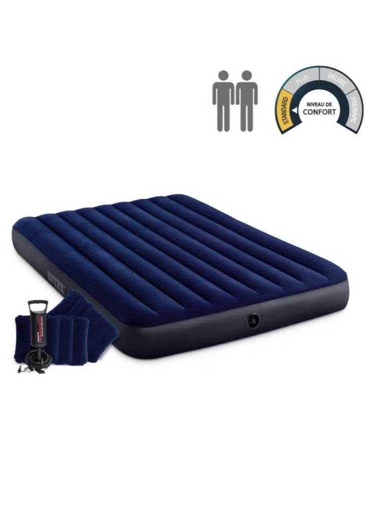 INTEX Classic Downy Queen Double Mattress – 10” Airbed, Blue, Unisex, Durable Fiber-Tech Construction, Includes 2 Inflatable Pillows & Hand Pump, 272 kg Capacity  - Image 1