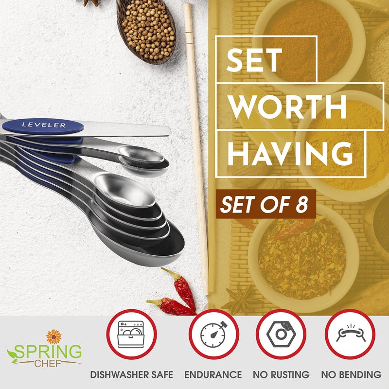 Spring Chef Stainless Steel Magnetic Measuring Spoons Set of 8 with Leveler, Heavy Duty Teaspoon & Tablespoon Measuring Spoons With Strong N45 Magnets, Kitchen Gadgets for Baking & Cooking - Sapphire - Image 3