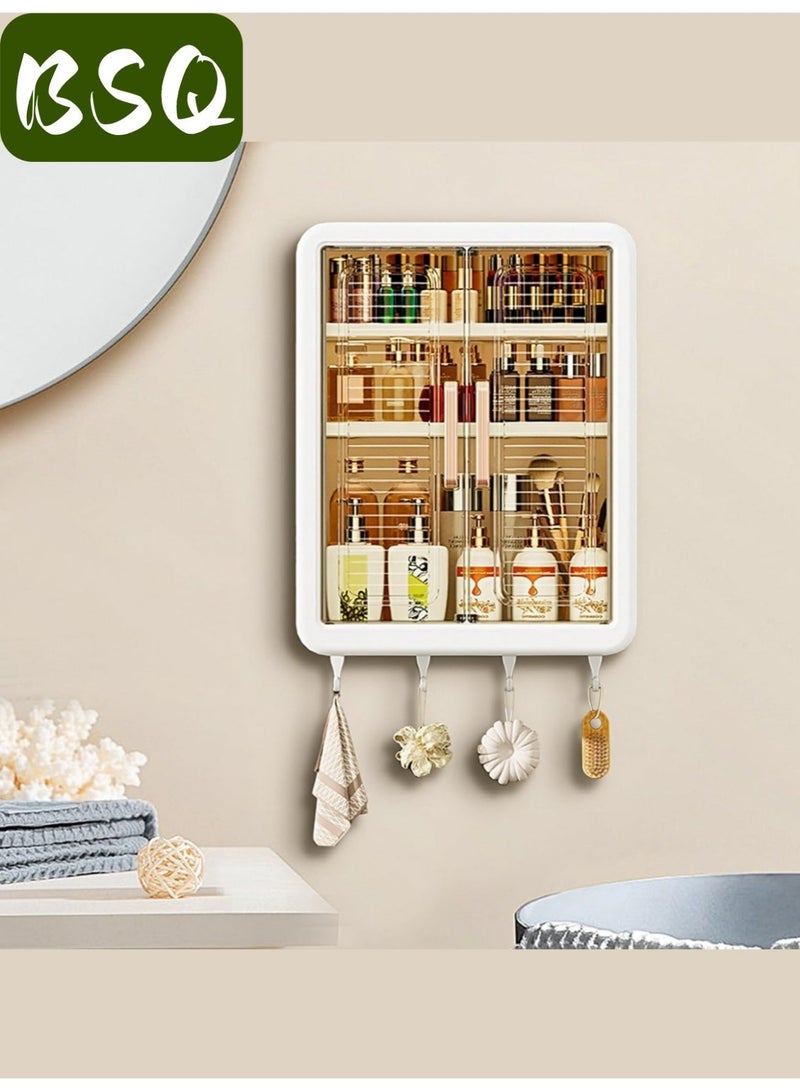 بي إس كيو رف حمام كبير السعة بدون حفر | خزانة أدوية للحمام | رف تخزين مزدوج الأبواب يُعلق على الحائط | رف تخزين حمام يُعلق على الحائط | رف تخزين مستحضرات تجميل مقاوم للغبار والرطوبة | خزانة مطبخ | مزود بخطافات - Image 2