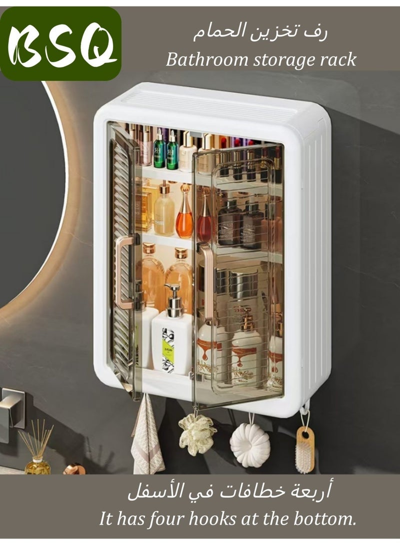 بي إس كيو رف حمام كبير السعة بدون حفر | خزانة أدوية للحمام | رف تخزين مزدوج الأبواب يُعلق على الحائط | رف تخزين حمام يُعلق على الحائط | رف تخزين مستحضرات تجميل مقاوم للغبار والرطوبة | خزانة مطبخ | مزود بخطافات - Image 1