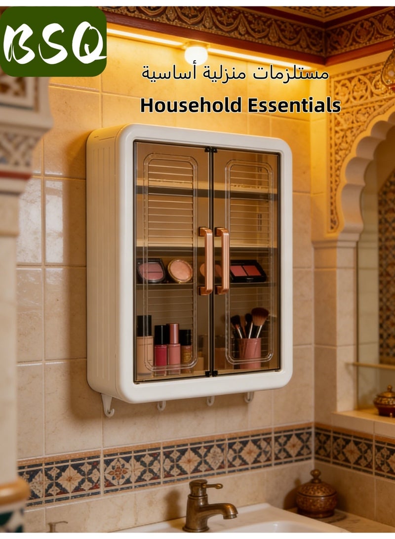 بي إس كيو رف حمام كبير السعة بدون حفر | خزانة أدوية للحمام | رف تخزين مزدوج الأبواب يُعلق على الحائط | رف تخزين حمام يُعلق على الحائط | رف تخزين مستحضرات تجميل مقاوم للغبار والرطوبة | خزانة مطبخ | مزود بخطافات - Image 1