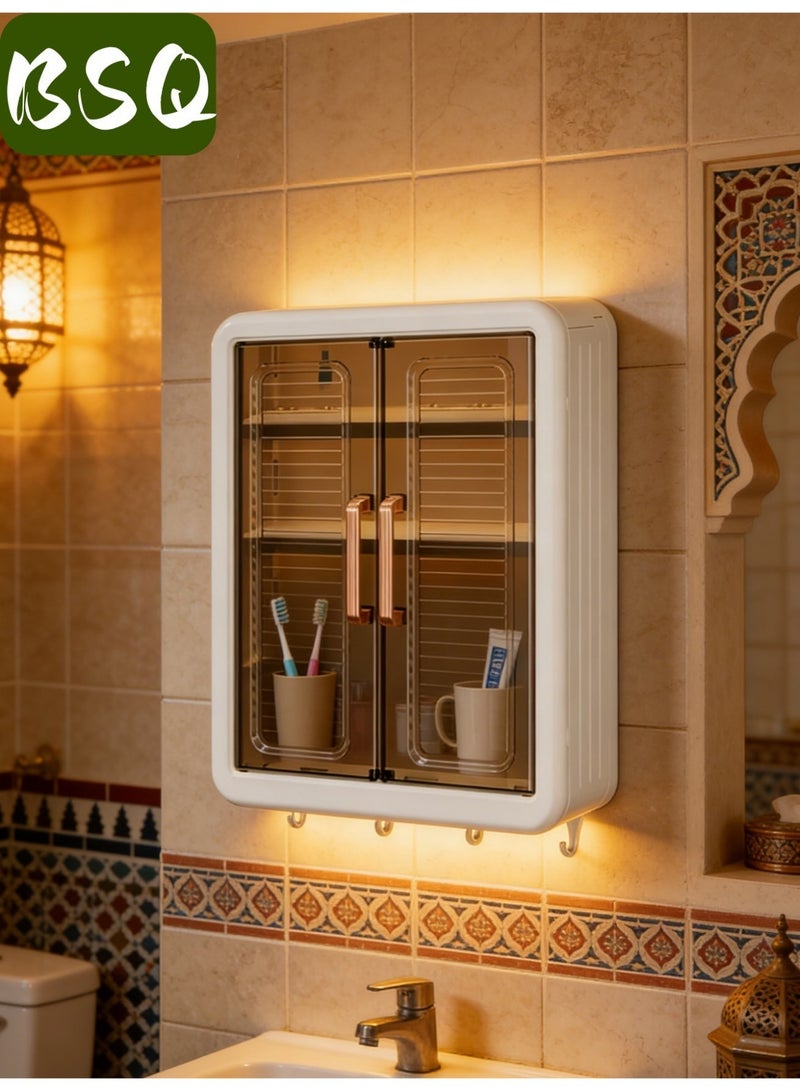 بي إس كيو رف حمام كبير السعة بدون حفر | خزانة أدوية للحمام | رف تخزين مزدوج الأبواب يُعلق على الحائط | رف تخزين حمام يُعلق على الحائط | رف تخزين مستحضرات تجميل مقاوم للغبار والرطوبة | خزانة مطبخ | مزود بخطافات - Image 2