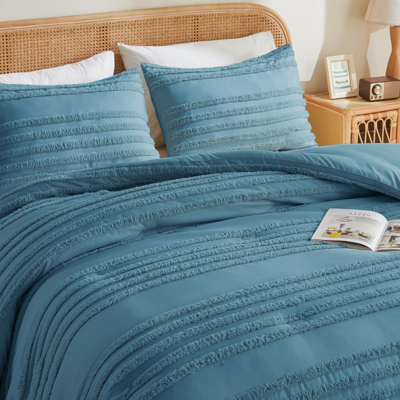 BEDELITE Boho Comforter Set Queen Size, Dusty Blue Tufted Striped Bed Set 3 Pieces, Soft Vintage Farmhouse Comforter for All Seasons, Boho Home Decor,Fluffy Jacquard Bedding with 2 Pillow Shams - Image 4