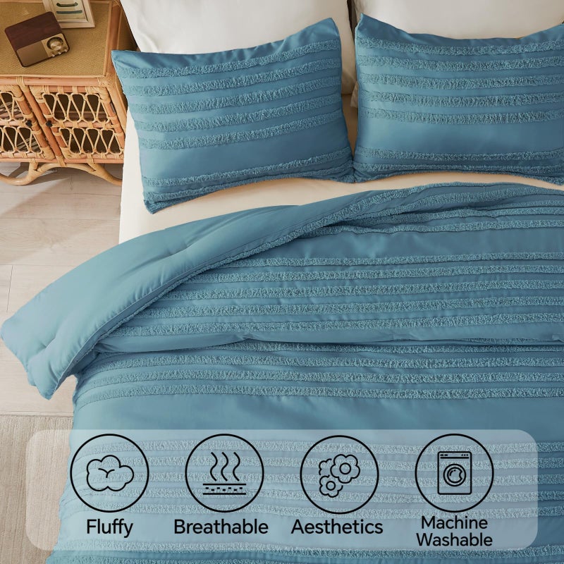 BEDELITE Boho Comforter Set Queen Size, Dusty Blue Tufted Striped Bed Set 3 Pieces, Soft Vintage Farmhouse Comforter for All Seasons, Boho Home Decor,Fluffy Jacquard Bedding with 2 Pillow Shams - Image 5