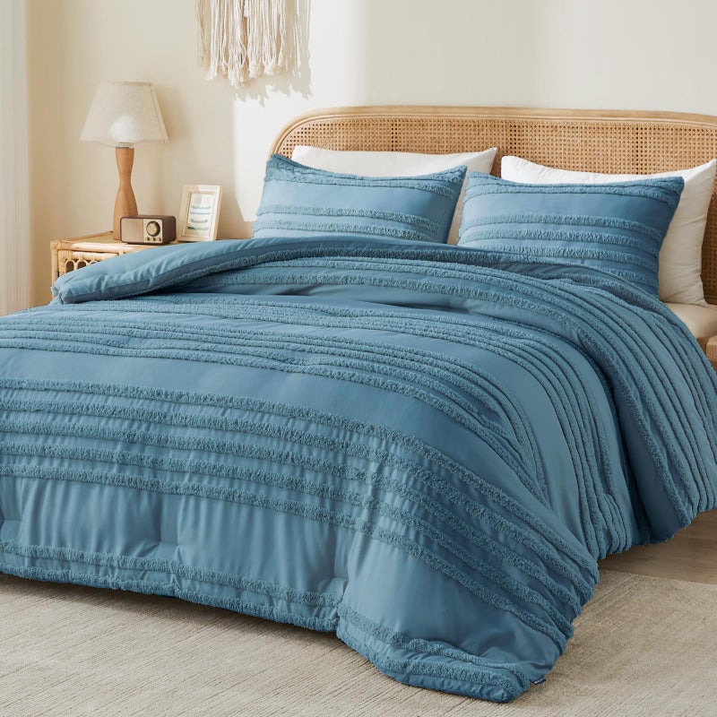 BEDELITE Boho Comforter Set Queen Size, Dusty Blue Tufted Striped Bed Set 3 Pieces, Soft Vintage Farmhouse Comforter for All Seasons, Boho Home Decor,Fluffy Jacquard Bedding with 2 Pillow Shams - Image 1