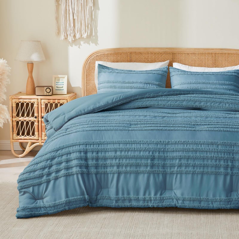 BEDELITE Boho Comforter Set Queen Size, Dusty Blue Tufted Striped Bed Set 3 Pieces, Soft Vintage Farmhouse Comforter for All Seasons, Boho Home Decor,Fluffy Jacquard Bedding with 2 Pillow Shams - Image 2