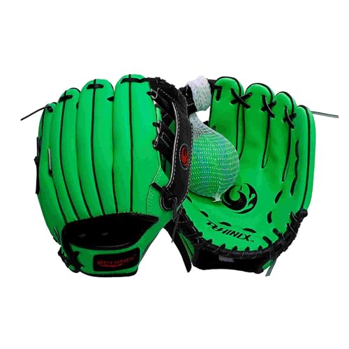 PHINIX 10" Baseball Glove Tee Ball Mitts and Soft Rubber Ball for Kids Beginner Play Training Right Hand Throw Green - Image 1