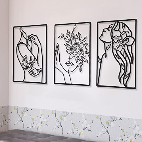 Chengu CHENGU 3 Pieces Metal Minimalist Abstract Woman Wall Art Line Drawing Wall Art Decor Single Line Female Home Hanging for Kitchen Bathroom Living Room 