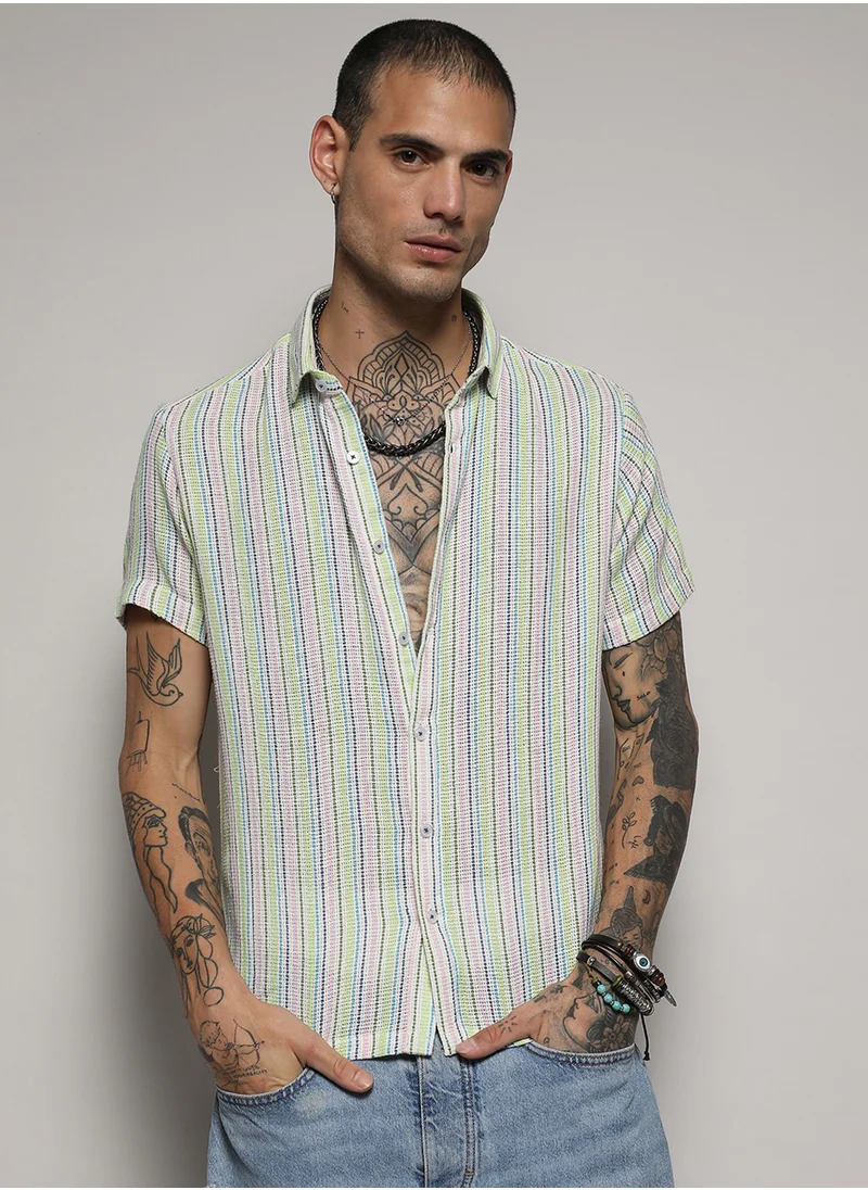 كامبوس سوترا Men's Yellow & Pink Unbalanced Striped Woven Shirt