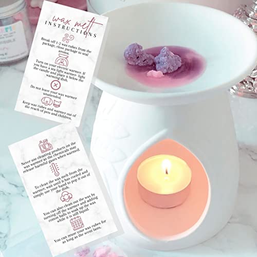 Lashicorn Wax Melt Care Instruction Cards | 50 Pack 2x3.5” Business Card Wax Melt Supplies Homemade Customer thank you for Warmer Minimalist Marble Mauve Pink How To Care for wax cube clamshell wickless candle - Image 5
