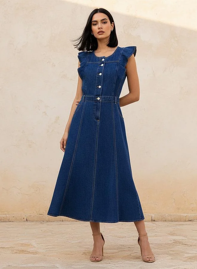 Splash FAV A line Midi Cotton Denim Dress with Ruffle Detail