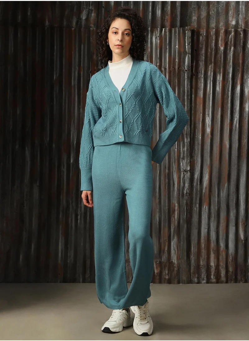 HIGH STAR Women's Blue 100% Acrylic Solid Button Down Full Length Casual Regular Fit Co-Ords