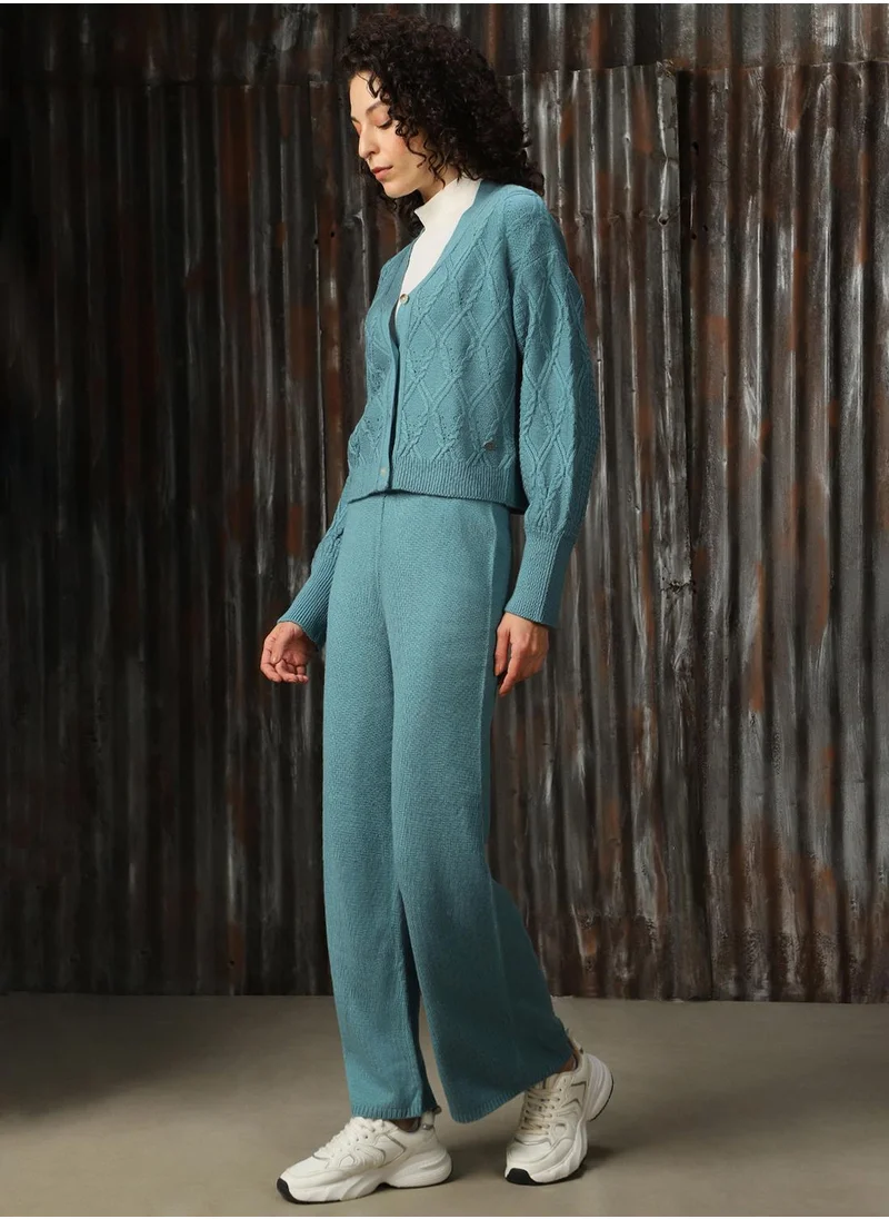 HIGH STAR Women's Blue 100% Acrylic Solid Button Down Full Length Casual Regular Fit Co-Ords