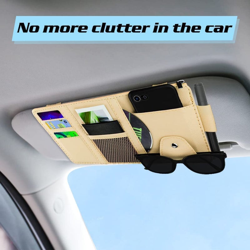 BAGILO Car Accessories Car Sun Visor Organizer, Sunglass Pen Card Small Document Storage Pouch Holder, PU Leather, Multi-Pocket with Zipper Net - Image 3