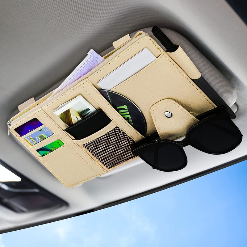 BAGILO Car Accessories Car Sun Visor Organizer, Sunglass Pen Card Small Document Storage Pouch Holder, PU Leather, Multi-Pocket with Zipper Net - Image 1