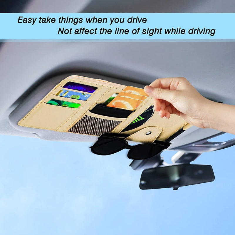 BAGILO Car Accessories Car Sun Visor Organizer, Sunglass Pen Card Small Document Storage Pouch Holder, PU Leather, Multi-Pocket with Zipper Net - Image 4
