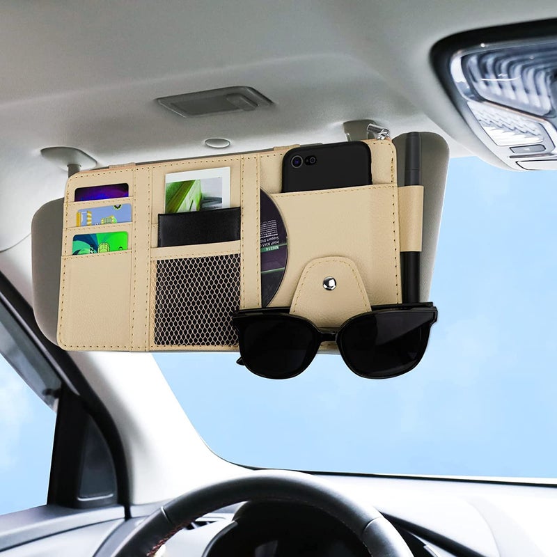 BAGILO Car Accessories Car Sun Visor Organizer, Sunglass Pen Card Small Document Storage Pouch Holder, PU Leather, Multi-Pocket with Zipper Net - Image 2