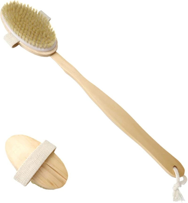 Shower Brush, Shower Body Exfoliating Brush, Bath Back Cleaning Scrubber with Long Wooden Handle, Dry or Wet Skin Exfoliator Brush with Detachable Long Handle to Easily Exfoliate Skin