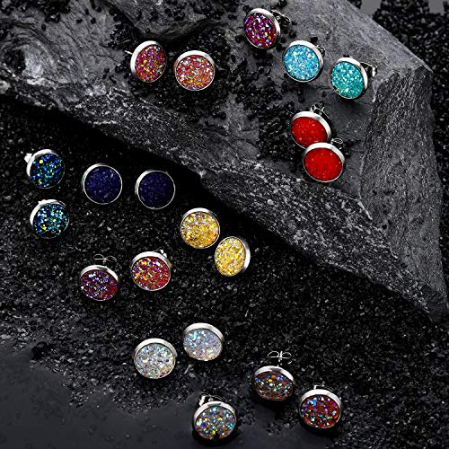 Hicarer 32 Pairs Faux Druzy Stud Earrings Stainless Steel Druzy Stud Earrings Glitter Pierced Earrings for Women (Round Shape) - Image 4