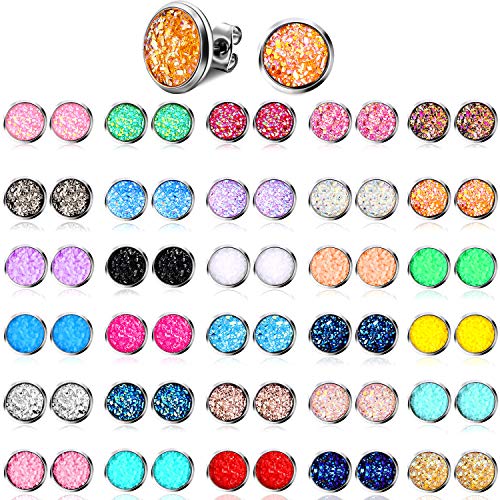 Hicarer 32 Pairs Faux Druzy Stud Earrings Stainless Steel Druzy Stud Earrings Glitter Pierced Earrings for Women (Round Shape) - Image 1
