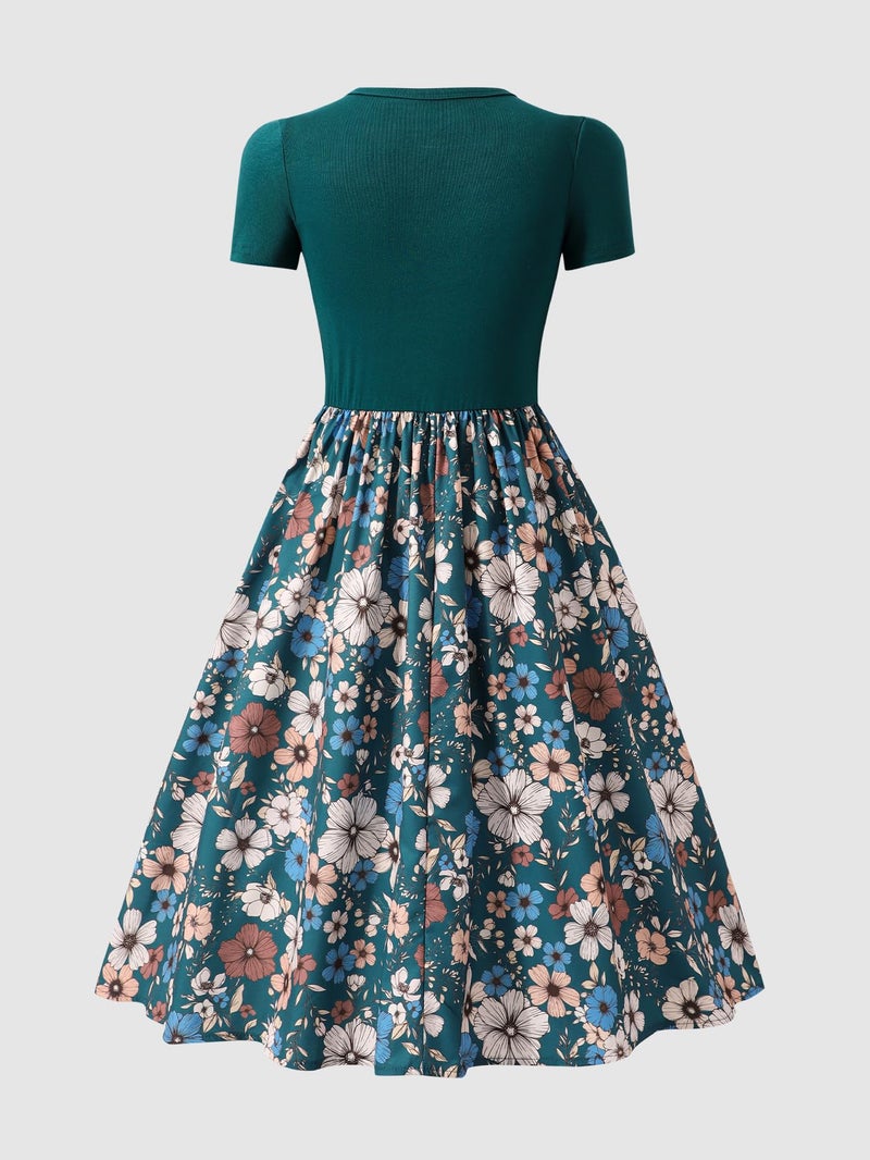Seechoslo NEW 8-14Years Girls Elegant Dress Short Sleeve A-Line Floral Midi Party Special Occasion (US, Age, 12 Years, Green) - Image 4