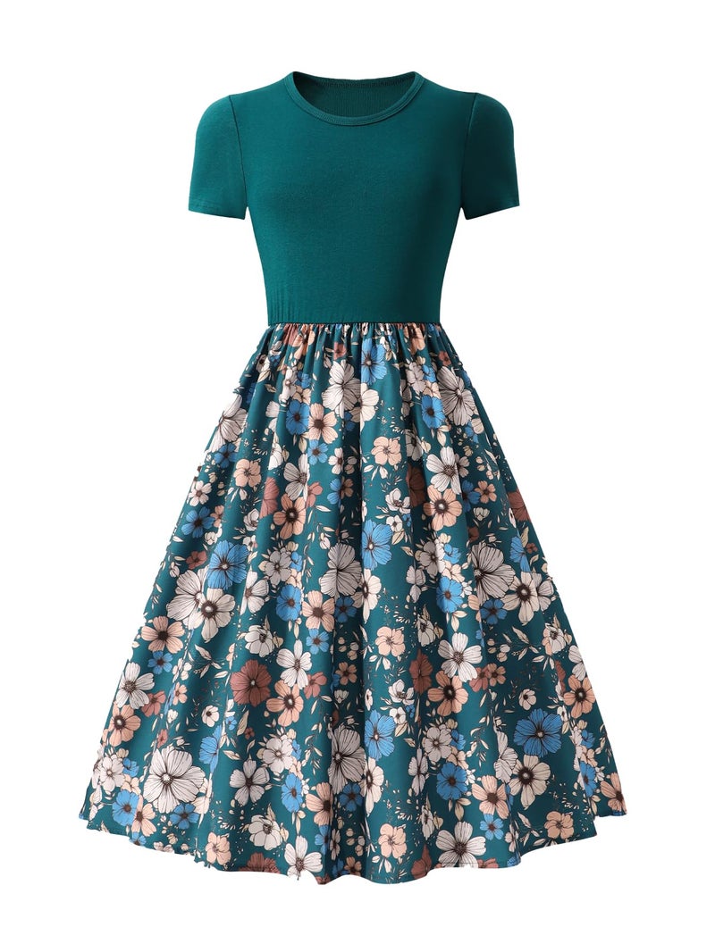 Seechoslo NEW 8-14Years Girls Elegant Dress Short Sleeve A-Line Floral Midi Party Special Occasion (US, Age, 12 Years, Green) - Image 1