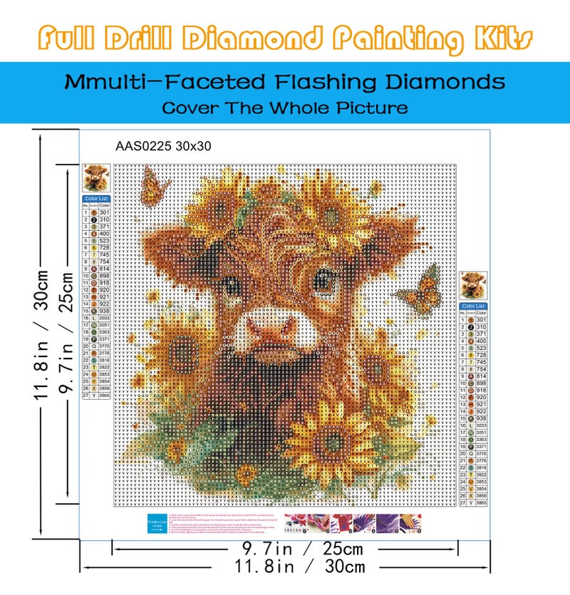 KINPLUB Highland Cow Sunflower Diamond Painting Kits for Adults Beginners, Cow Flowers Diamond Art Kits for Adults, DIY Full Drill Round Gem Art Dots for Home Wall Decor 12x12 Inch - Image 3