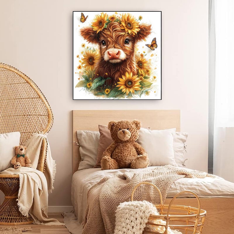 KINPLUB Highland Cow Sunflower Diamond Painting Kits for Adults Beginners, Cow Flowers Diamond Art Kits for Adults, DIY Full Drill Round Gem Art Dots for Home Wall Decor 12x12 Inch - Image 2