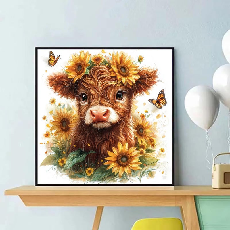KINPLUB Highland Cow Sunflower Diamond Painting Kits for Adults Beginners, Cow Flowers Diamond Art Kits for Adults, DIY Full Drill Round Gem Art Dots for Home Wall Decor 12x12 Inch - Image 4