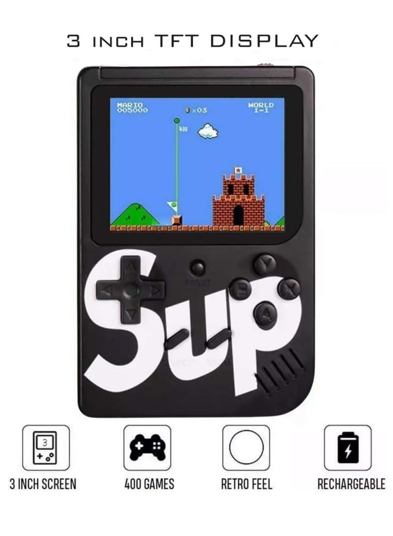 SUP SUP Handheld Game Console with 400 Classic Retro Games, 3-Inch Color Screen, Rechargeable Battery, Portable Mini Gaming Device for Kids & Adults | Black - Image 3