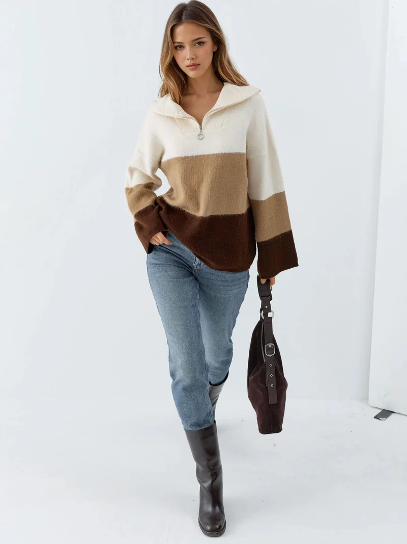 MY FASHION MY FASHION Color Blocked Oversized Knit Sweater with Zipper Collar