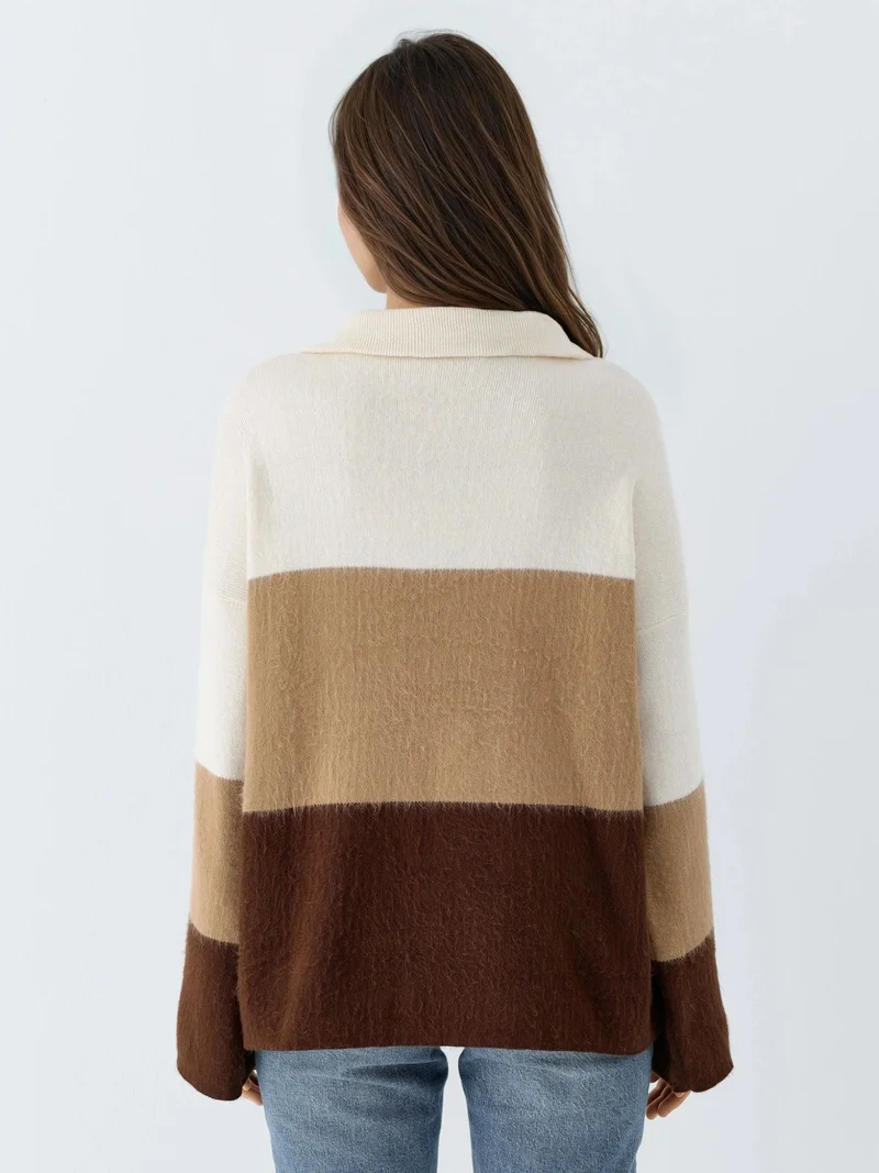 MY FASHION MY FASHION Color Blocked Oversized Knit Sweater with Zipper Collar