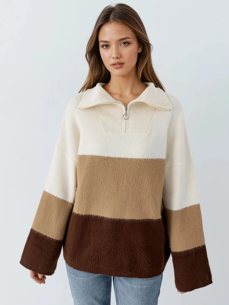 MY FASHION MY FASHION Color Blocked Oversized Knit Sweater with Zipper Collar