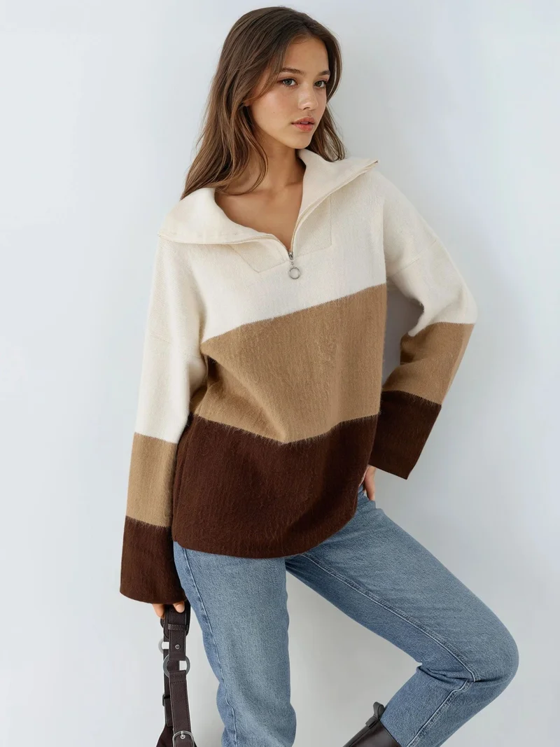 MY FASHION MY FASHION Color Blocked Oversized Knit Sweater with Zipper Collar
