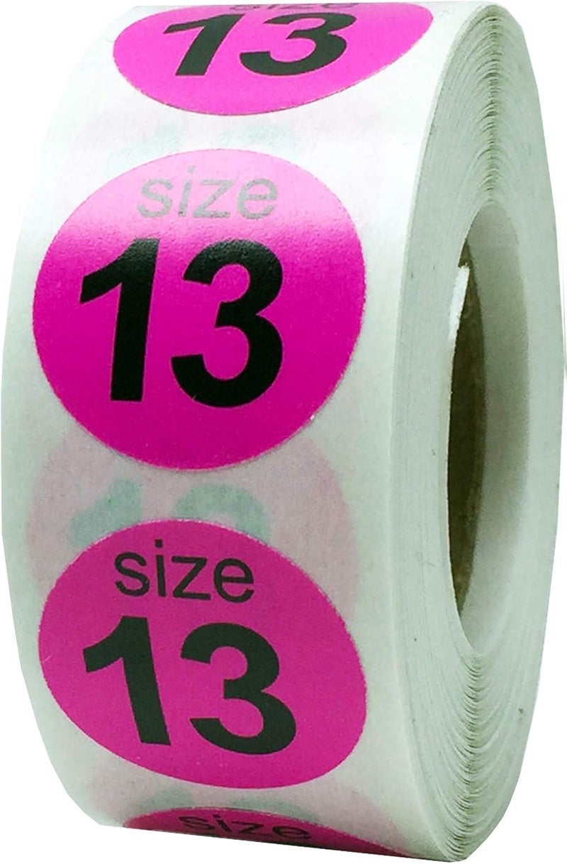 InStockLabels.com Shoe Size 13 Hot Pink Stickers for Retail Clothing – 3/4 Inch Round, 500 Semi-Gloss Adhesive Labels Per Roll for Footwear Inventory, Organization, and Display – Made in The USA - Image 1
